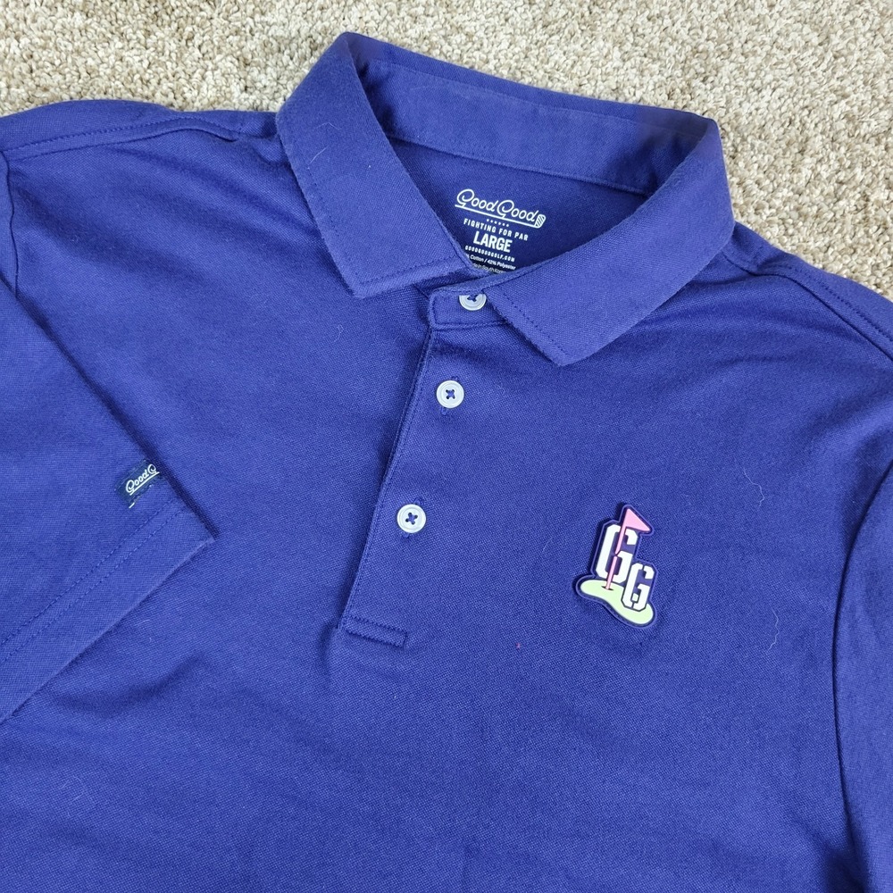 Good Good Golf Mens Large Solid Blue Performance Stretch Knit Polo Short Sleeve